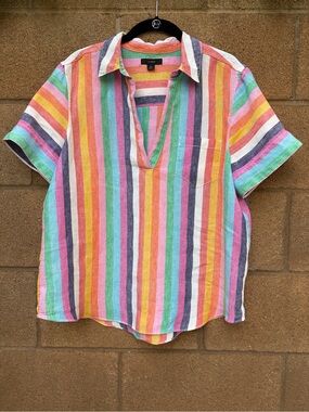 J. Crew Short-Sleeve Linen Popover Top in Rainbow Stripe